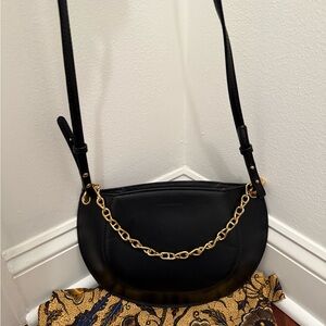 Black Leather Shoulder Bag with Gold Chain